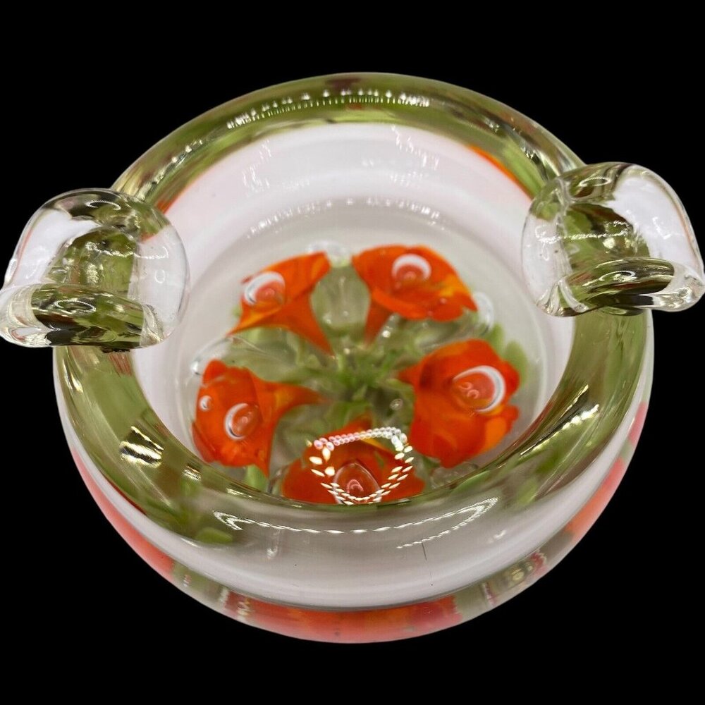 Vintage St. Clair Orange Trumpet Flower Glass Ashtray MCM